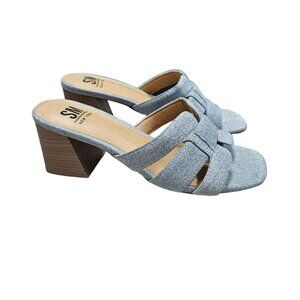 SM New York NWB Ina Denim Block Heel Sandals Open Toe Slip-On‎ Neutral Shoes